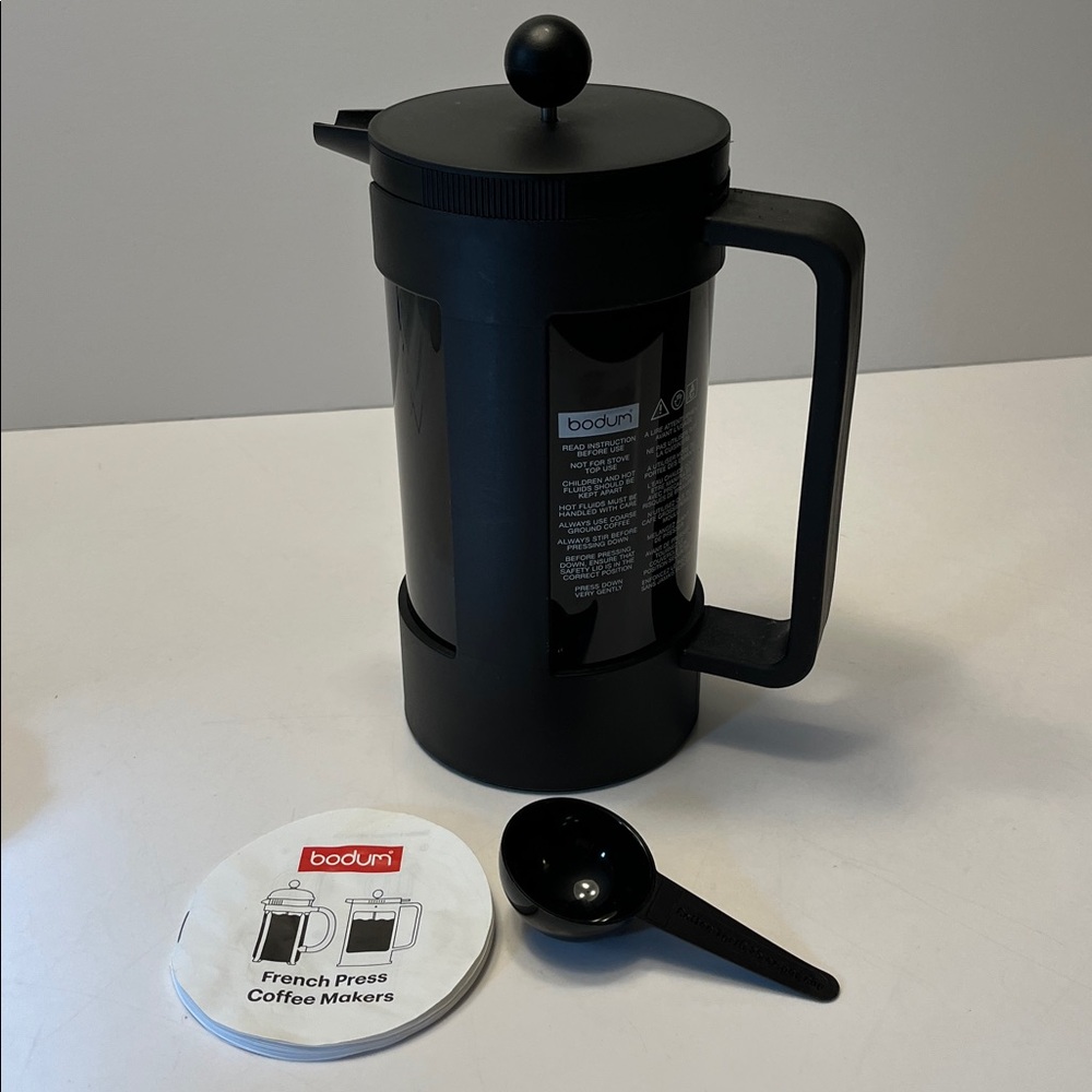 Bodum French Press, black plastic with locking lid, booklet and scoop